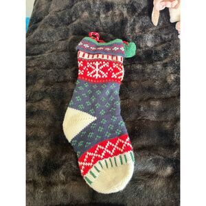 Target Wondershop Knit Fair Isle Holiday Christmas Stocking Blue Red White Poms